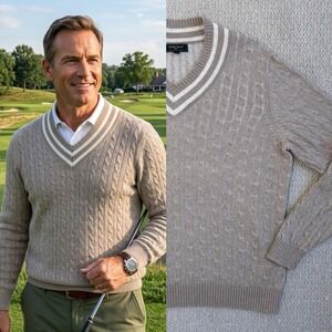 Bobby Jones Collection Mens Cable Knit V-Neck Golf Sweater Tan Stripe Size Large